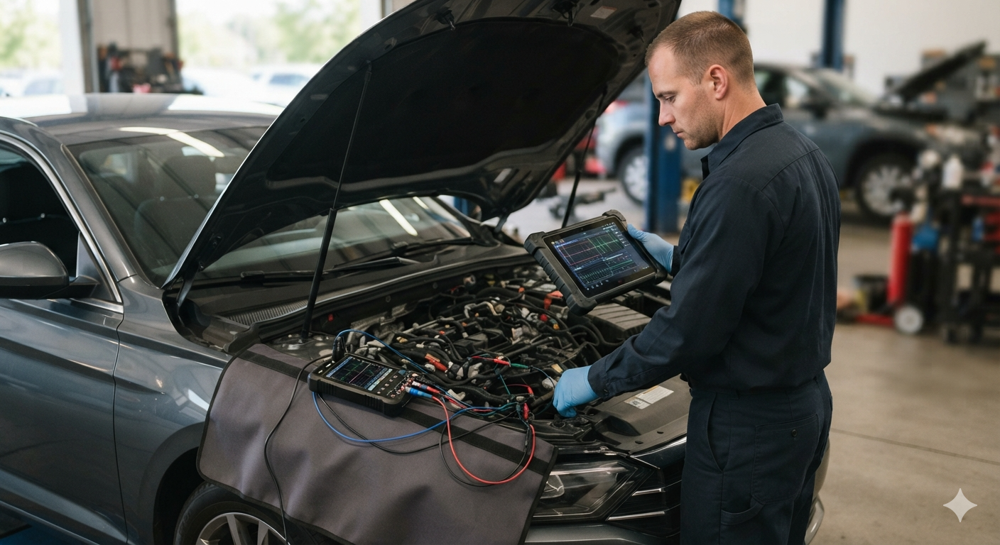 Técnico usando un equipo de diagnosis junto al motor abierto